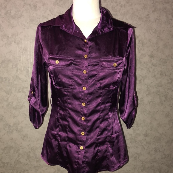 Purple Satin 3/4 Sleeve Tailored Gold Button Down Blouse w/ Pockets - Picture 2 of 8